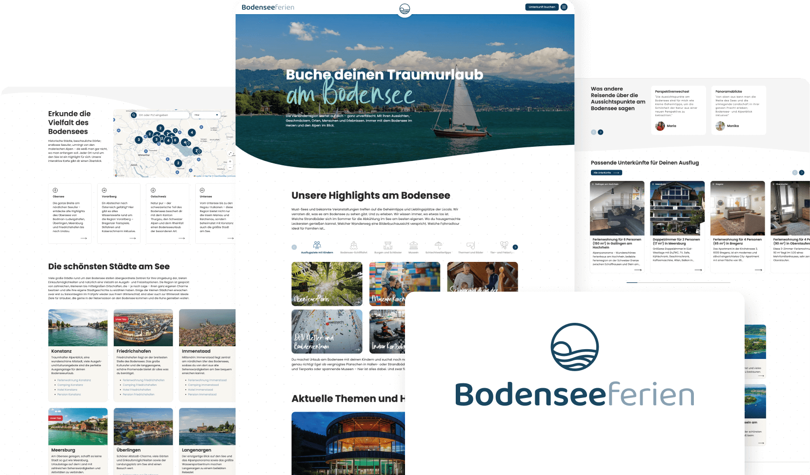 Website mockup for Bodenseeferien showcasing travel inspiration, accommodation listings, and regional highlights around Lake Constance