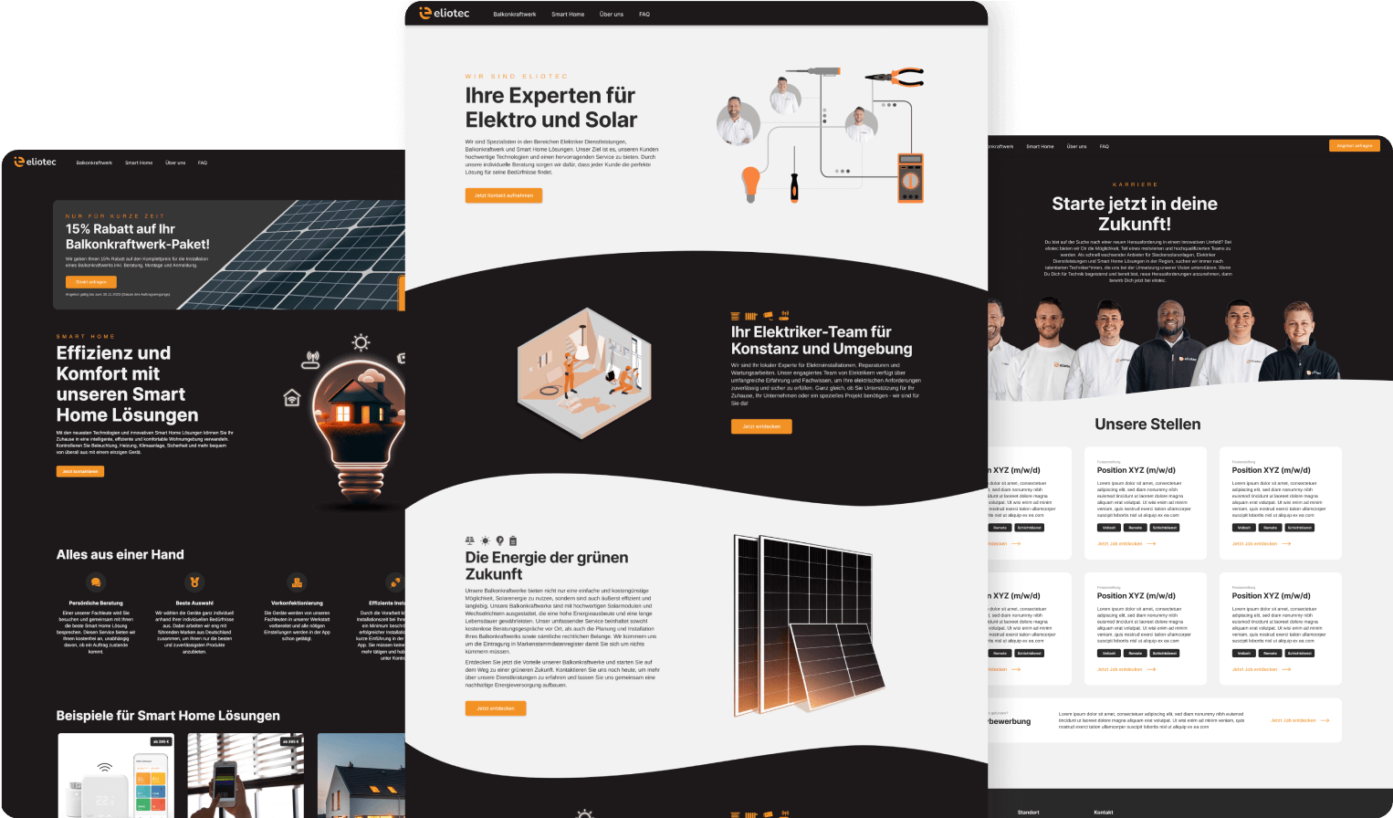 Eliotec smart home & solar energy website with sleek dark and light mode design.