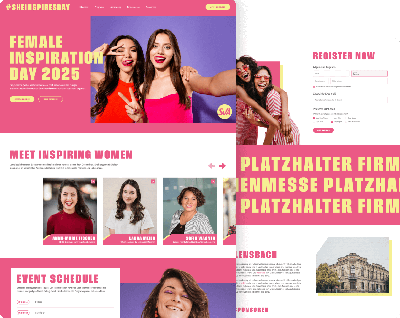SheInspiresDay landing page &ndash; bold pink and yellow event design.