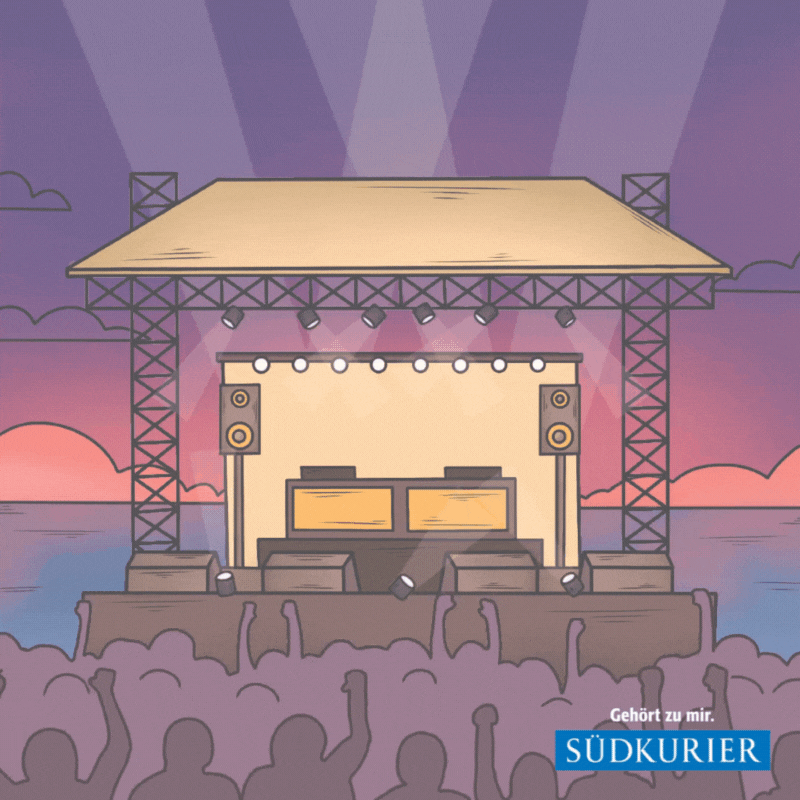 Animated illustration ad design for S&Uuml;DKURIERs summer concerts quiz campaign, featuring lively summer themes and dynamic promotional elements.